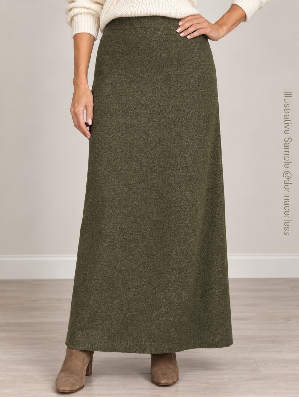 Eileen Fisher 100% Wool Italian Yarn Olive Green Knit Maxi Skirt M Vintage